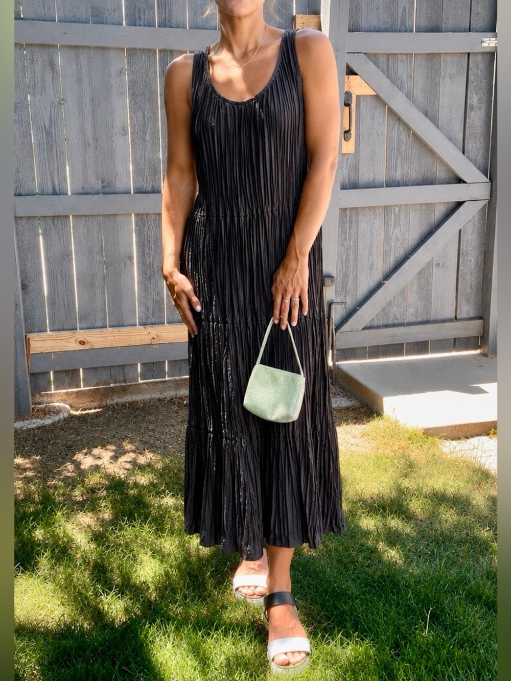 100% Silk Eileen Fisher Dark Gray Crushed Pleat Midi Dress